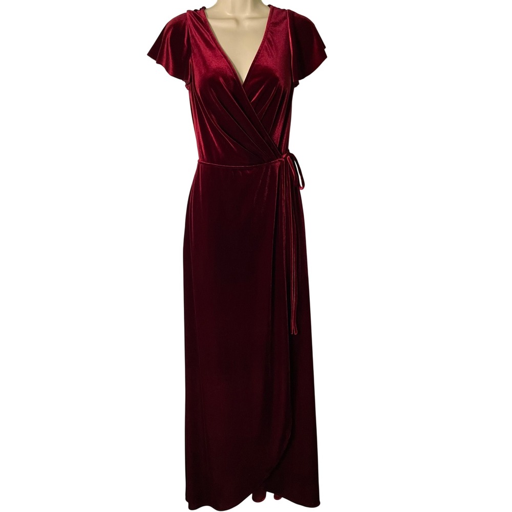 After‎ Six Velvet Wrap Maxi Dress Cabernet Red Flutter Sleeve Formal Gown Small